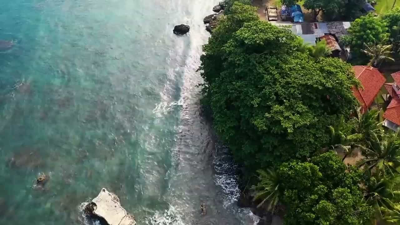 Вид сверху на морские волны, каменистый берег и прибрежные деревья
